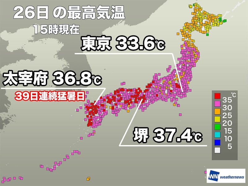 福岡・太宰府の連続猛暑日は39日に 西日本中心に100地点以上が猛暑日