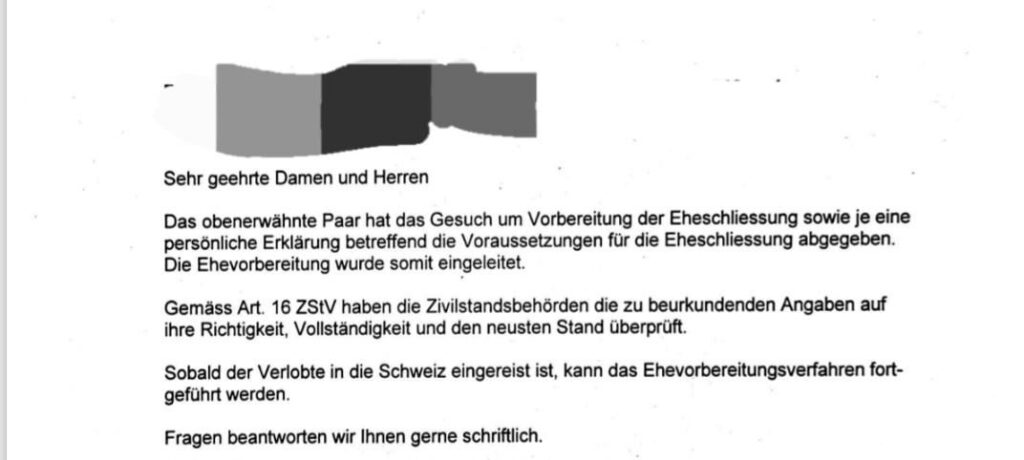 スイスの結婚準備ビザ