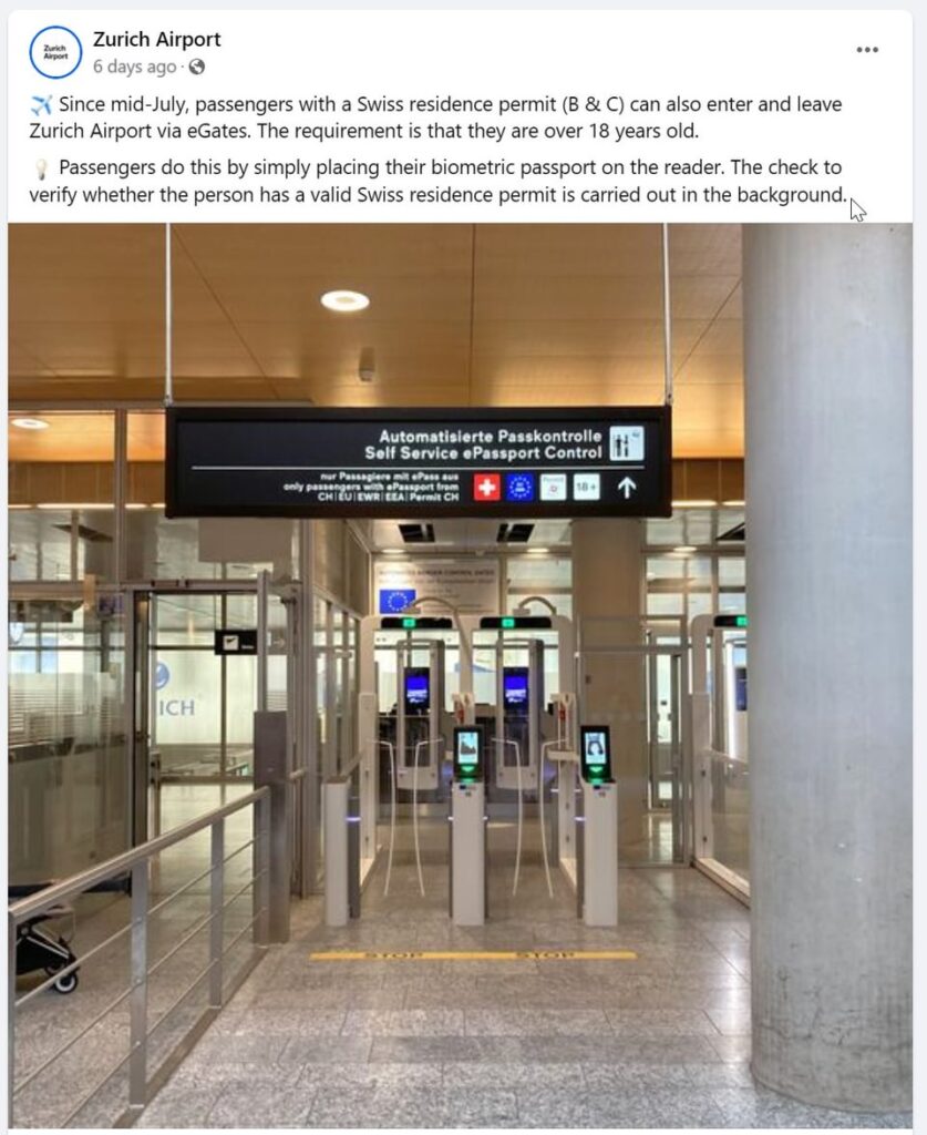 PSA: 非EUパスポートと居住許可証があれば、チューリッヒ空港のeゲートを正式に通過できるようになりました