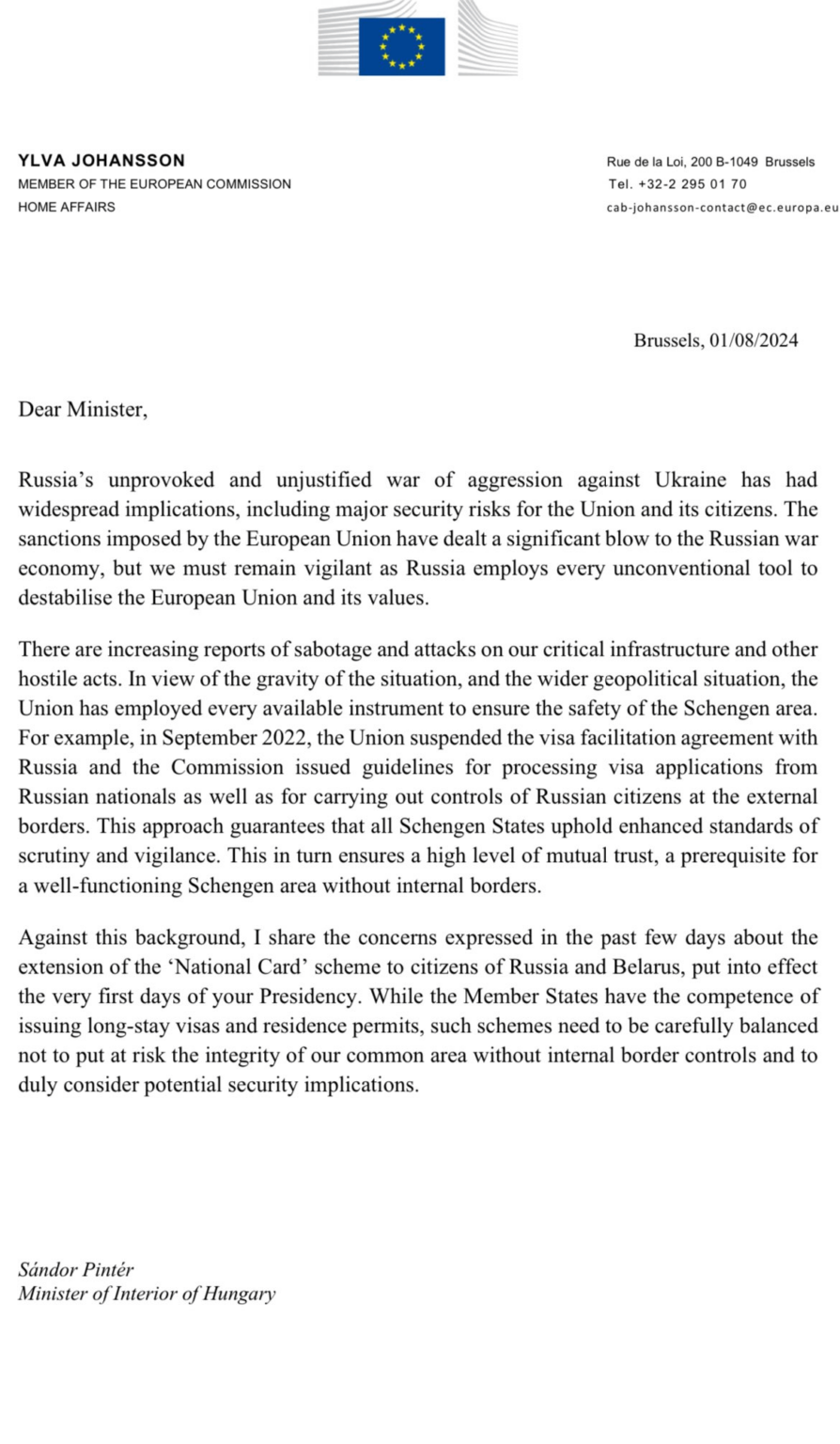 EUは、ハンガリーに対し、ロシアとベラルーシ国民に対するビザ要件を緩和するというブダペストの決定がヨーロッパにおけるスパイ活動のリスクを増大させるという懸念に対応するよう要求した。EU内務委員のイルヴァ・ヨハンソン氏はハンガリーに関係する書簡を送った。