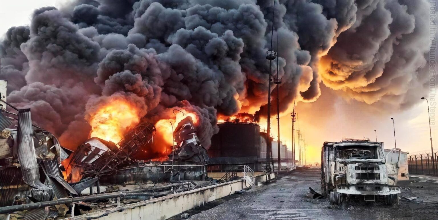 ウクライナの無人機による攻撃を受け、ロシア南部ロストフ地方のプロレタルスク石油貯蔵施設で石油貯蔵タンカーの炎が続いている。