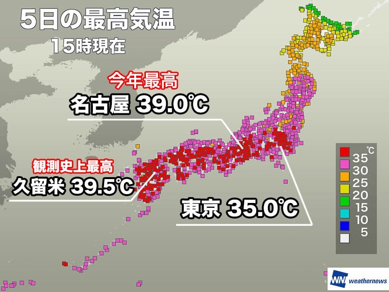 5日連続で200地点以上で猛暑日に 明日も酷暑に警戒