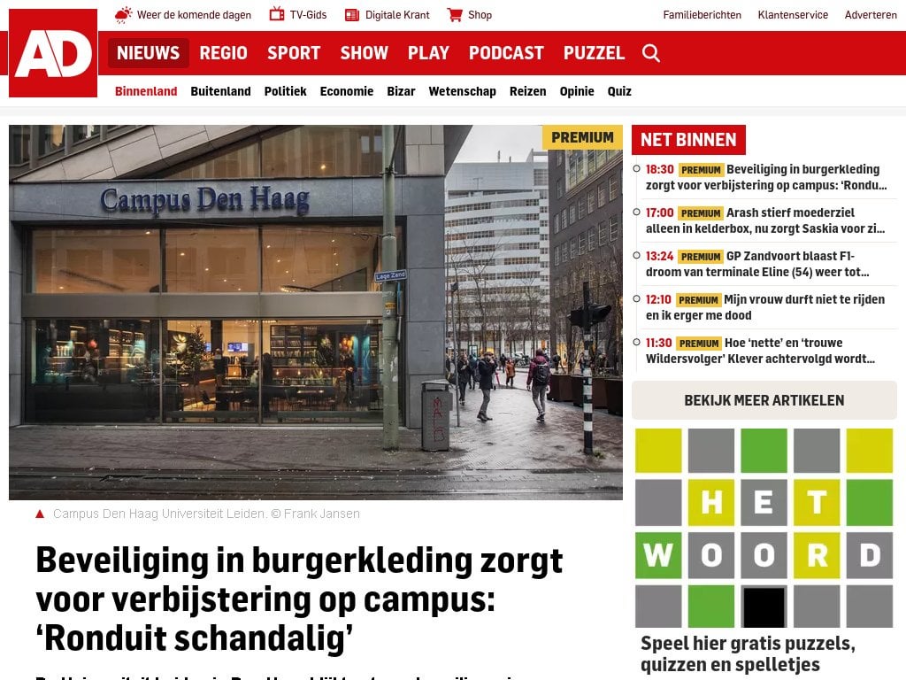 私服警備、キャンパス内で驚愕：「かなりスキャンダラス」 ハーグのライデン大学は、大学内の人々を監視するために私服の外部警備員を雇っているようだ。