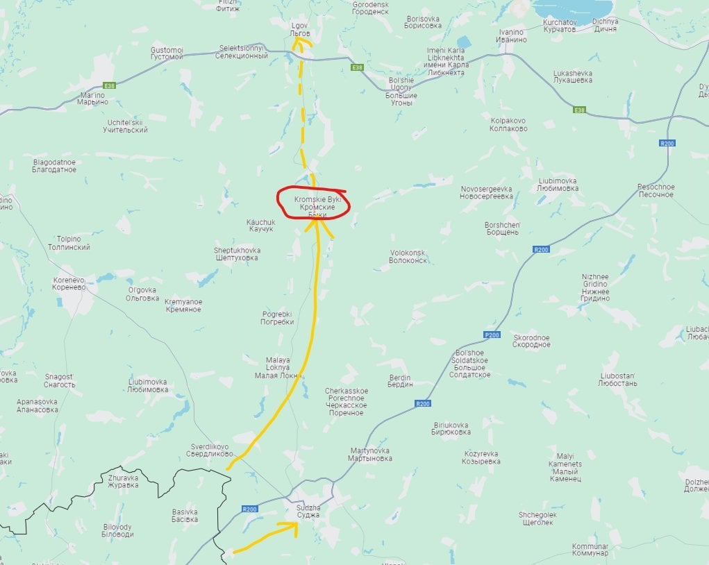 速報：ロシアの情報源によると、AFU はロシア領土から 20 km 内側にあるロシアの北朝鮮の #KromskieByki (#Kursk) に進軍している。そこから明らかに、#Lgov の方向に北進し、そこを占領することが目的である。