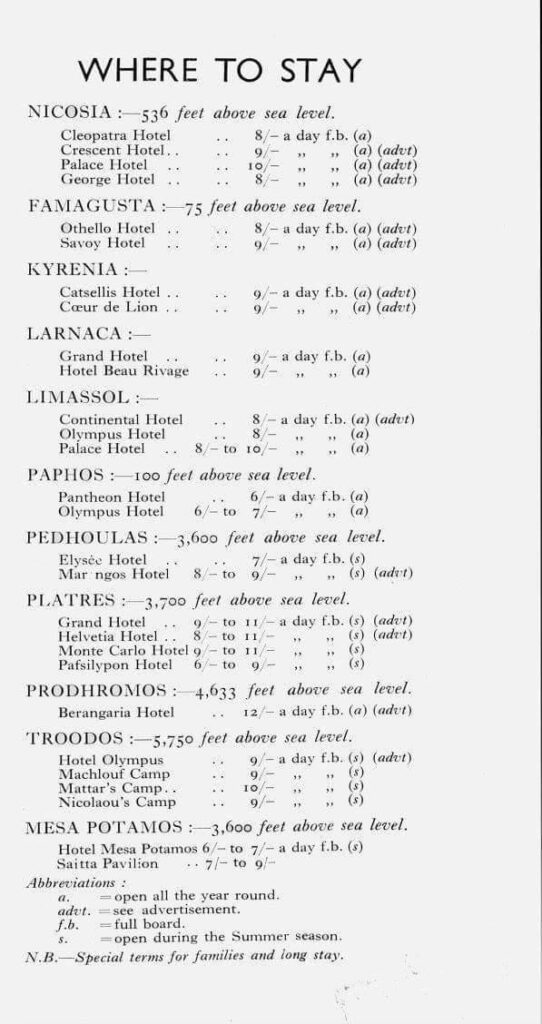 キプロスのホテルカタログ（シリングでの価格表示、1933 年）