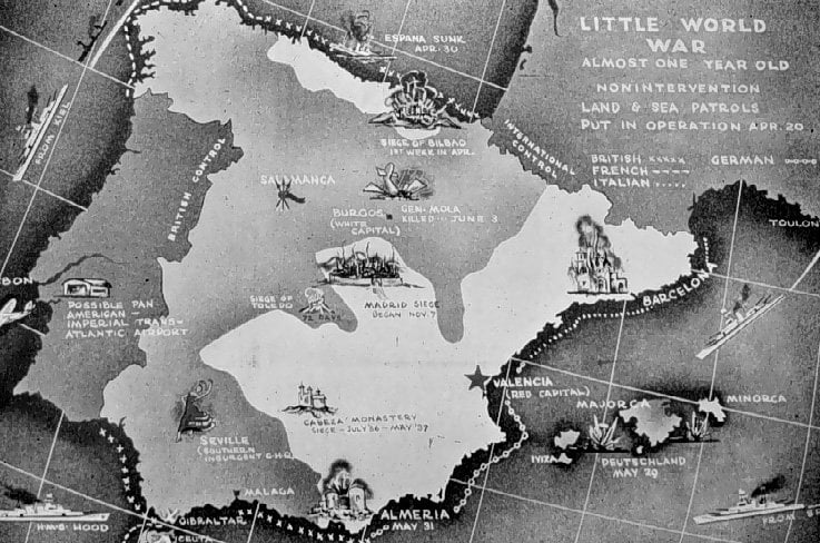 小さな世界大戦 - 1937 年にアングロサクソンのメディアで出版された、スペイン内戦の状況についての地図。