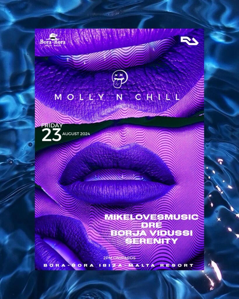 来週の金曜日、ボラボラ イビサ マルタ リゾートにて、午後 2 時から午後 7 時まで Molly & Chill を開催します! 🌞 プールはオープンしており、入場料はわずか 10 ユーロです。お見逃しなく!