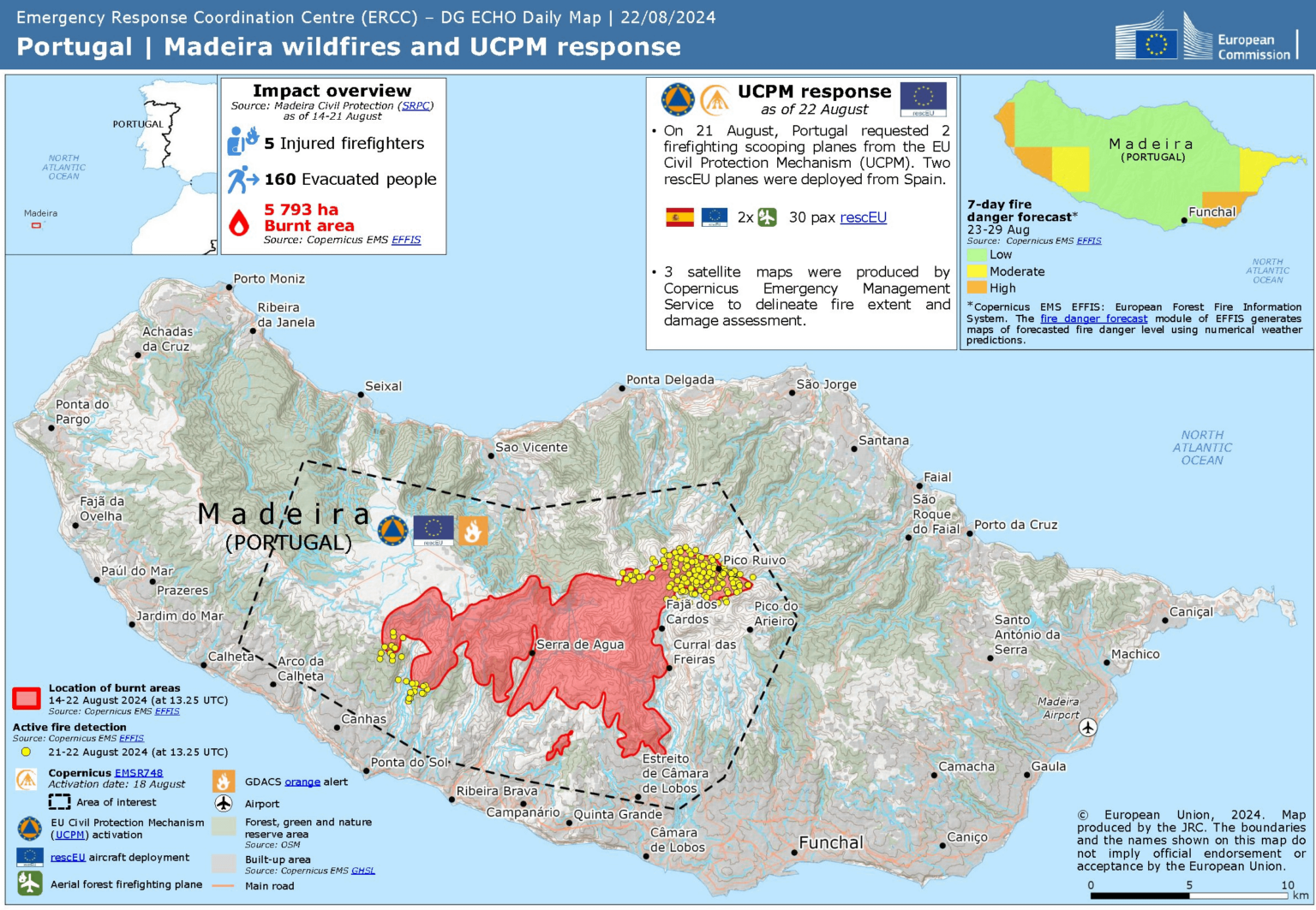地図：マデイラ島の山火事と EU の民間防衛メカニズムの対応。