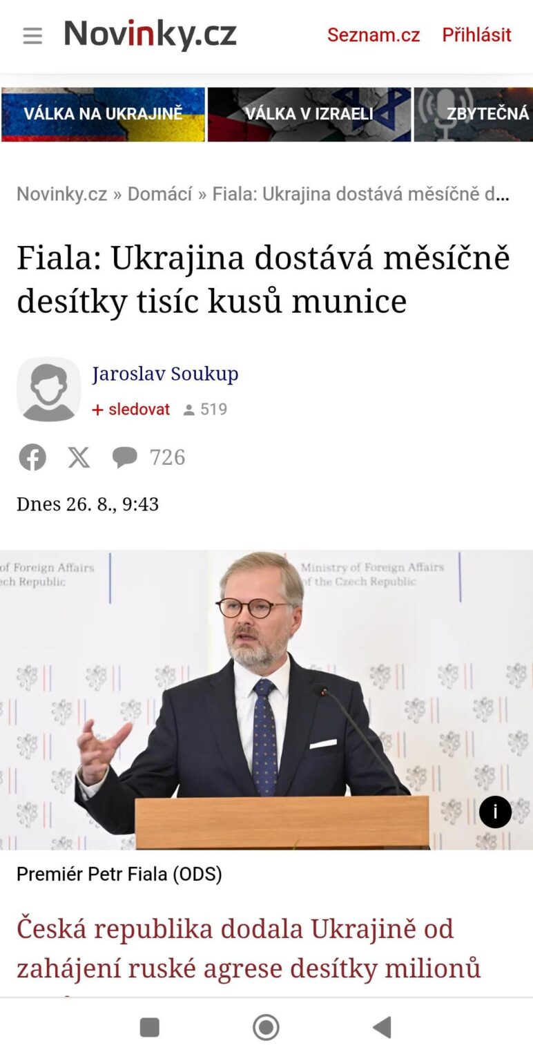 ペトル・フィアラ首相は大使会議で、ロシアによるウクライナ侵略の開始以来、チェコ共和国は大口径弾薬200万発と中口径弾薬2,200万発をウクライナに供給していると述べた。