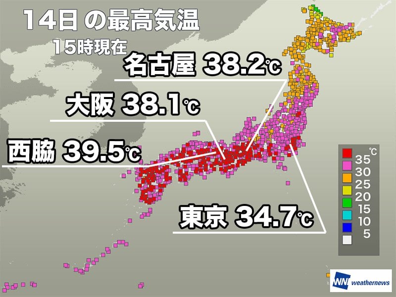 近畿で39℃台の危険な暑さ 猛暑日地点は4日連続200超え
