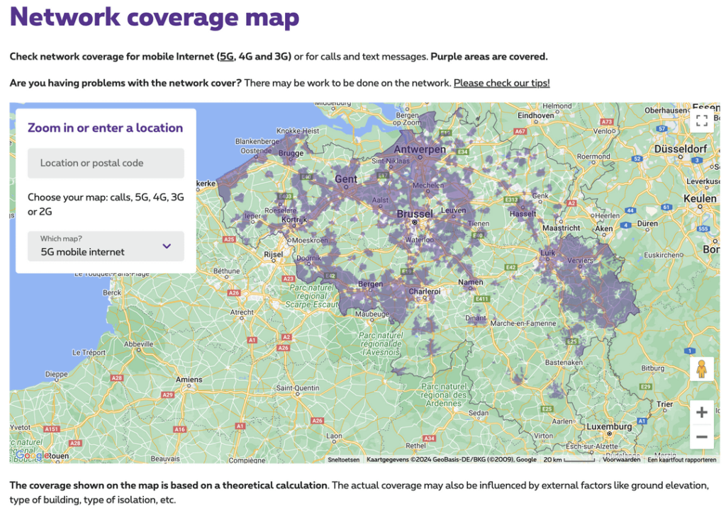 Proximus、Orange、Telenet/BASE の 5G カバレッジ マップ。