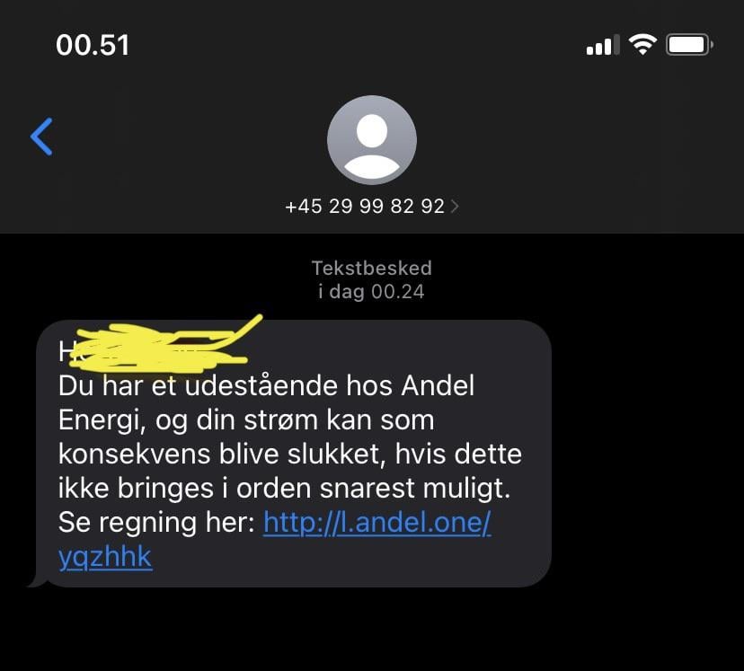 Andel Energi からの高度な偽 SMS が流通
