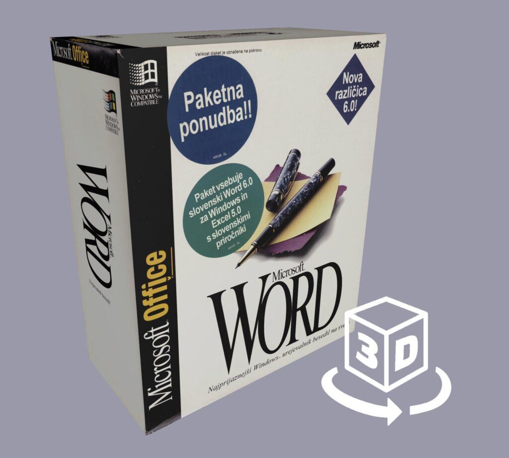 📦✍️ 親切な寄付者が、スロベニア語の Microsoft Word 6.0 のオリジナル ボックスを私たちのコレクションに寄付してくれました。これは、スロベニア語に翻訳されたこの会社の最初の製品です。 🔎 コメント内のリンクでボックスの 3D モデルを探索できます。