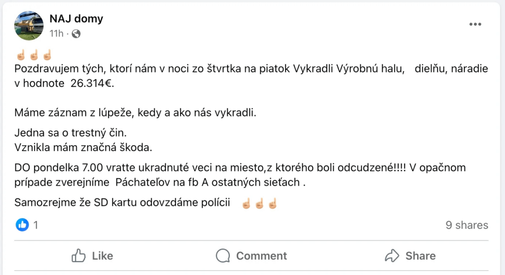NAJ domyは、生産ホールの盗難と26,000ユーロの損失についてFacebookに投稿を公開した。 新たな犯罪者には保護観察（0～2年）が科せられる。 もう始まっています。