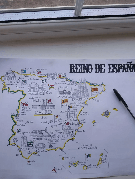 スペイン語の先生への送別プレゼントとして描いたスペインの地図