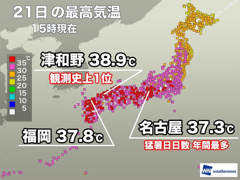 猛暑日地点が3日ぶりに100超える 津和野は観測史上1位の38.9℃