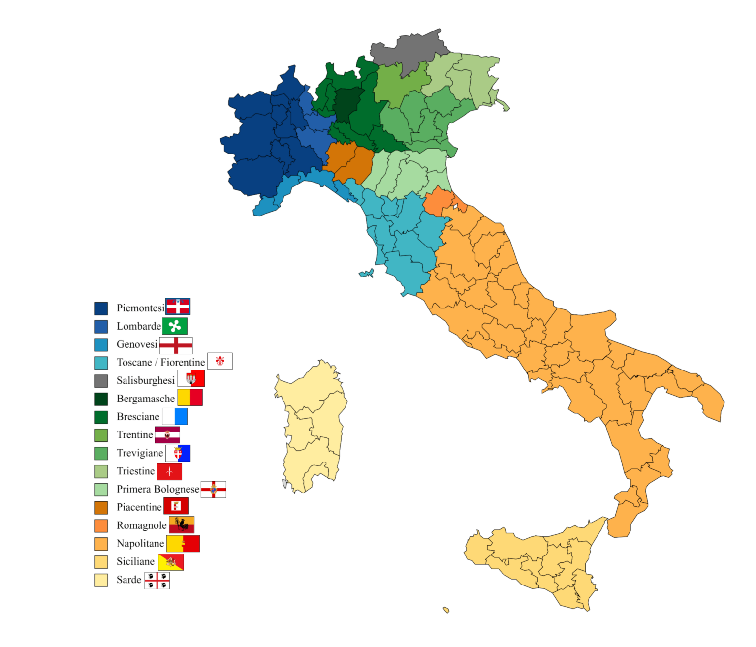 イタリア全土におけるトランプのスーツの地域差