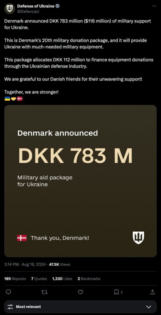 デンマーク、ウクライナへの軍事支援に1億1600万ドルを発表
