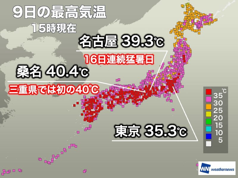 三重県で初の40℃、名古屋も39℃を観測 明日も危険な暑さ続く