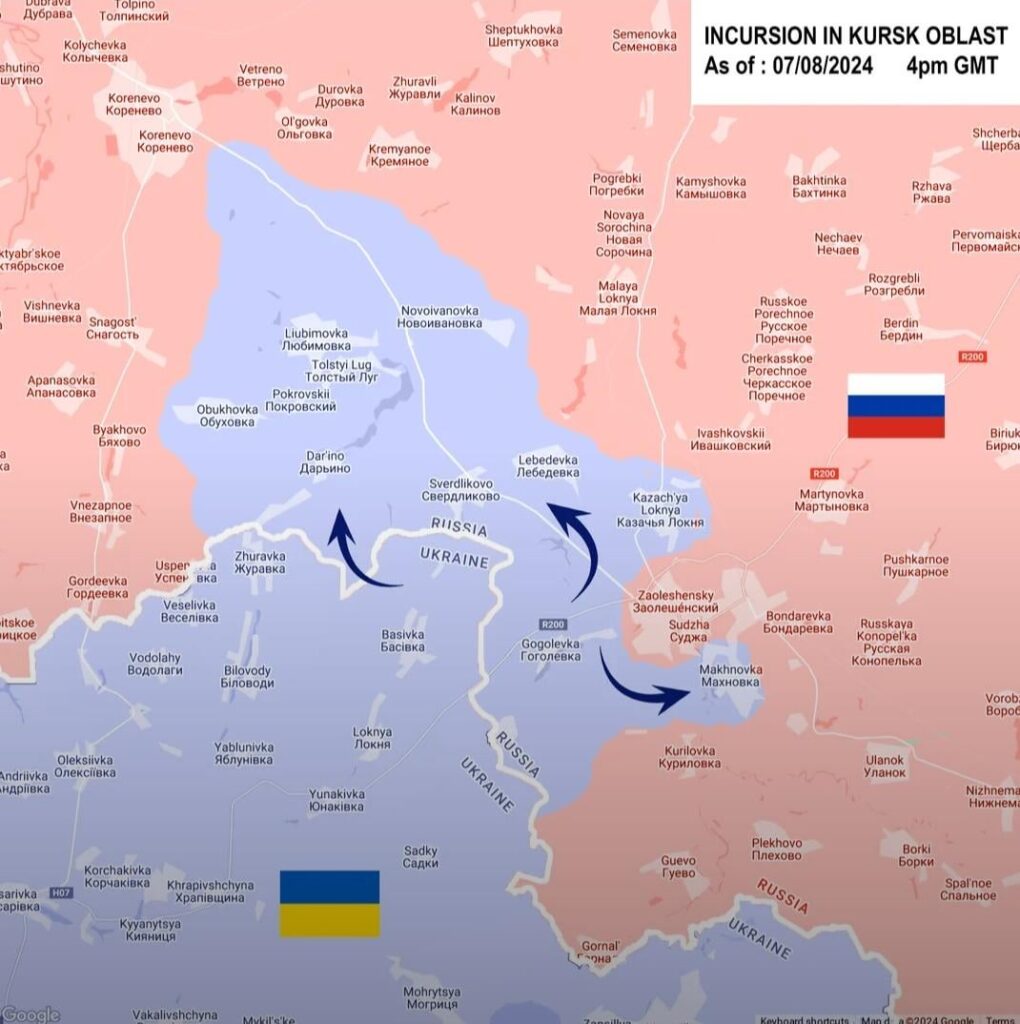 2024年8月7日午後4時時点のウクライナ軍によるクルスク州（ロシア）侵攻