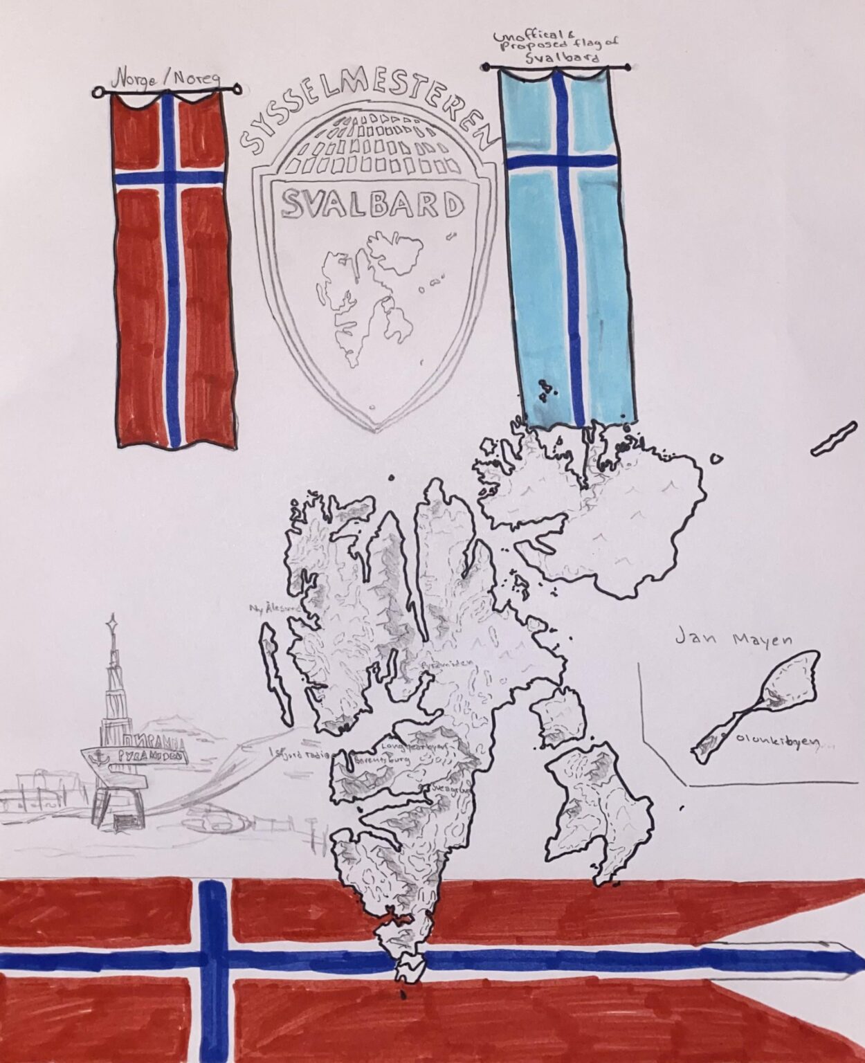 スヴァールバル諸島とヤンマイエン島の手描き地図