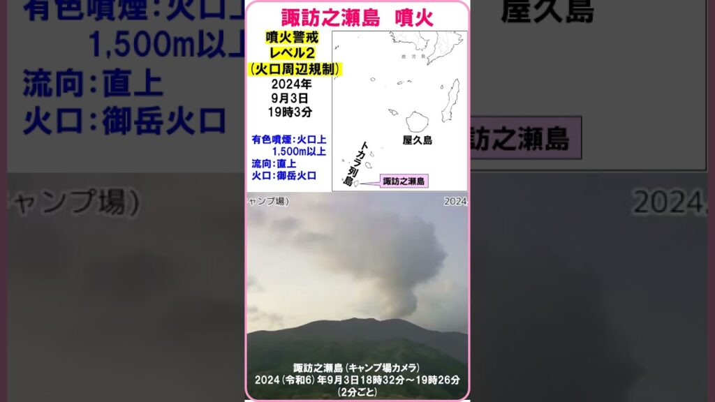 【速報　『諏訪之瀬島　噴火！』　有色噴煙：火口上1,500m以上　2024（令和6）年9月3日19時3分】　#shorts #噴火 #諏訪之瀬島