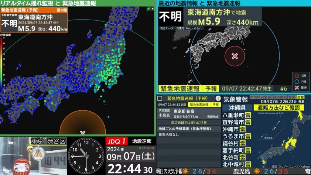 【深発地震】東海道南方沖　震度２　M5.2（2024/9/7 22:42ごろ　切り抜きアーカイブ）