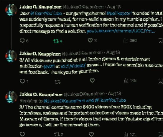 YouTubeは、17年の歴史を持つフィンランドのゲームチャンネル「Pelikopteri」を、何の説明もなく閉鎖した（6,400本以上の動画）。