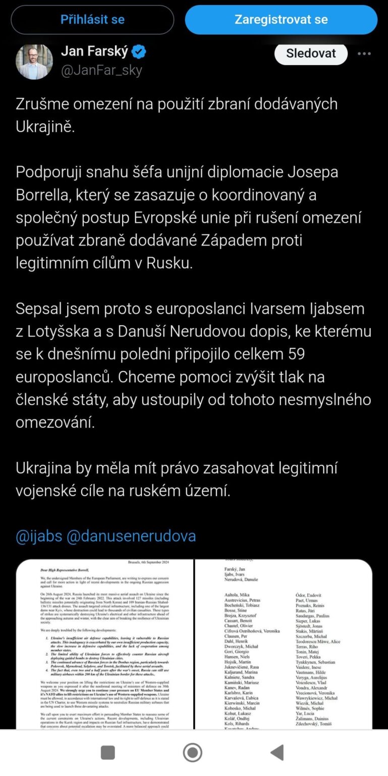 ロシアにおける西側兵器によるウクライナへの攻撃に関する制限を取り消すチェコ議員のイニシアチブ。この取り組みには60人の議員が参加した。