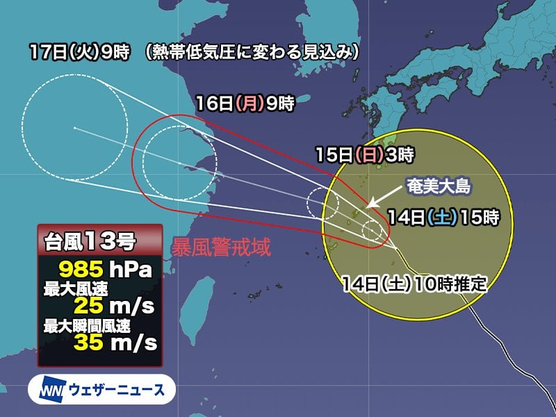 台風13号 発達しながら北西進 午後に暴風域を伴って奄美を直撃