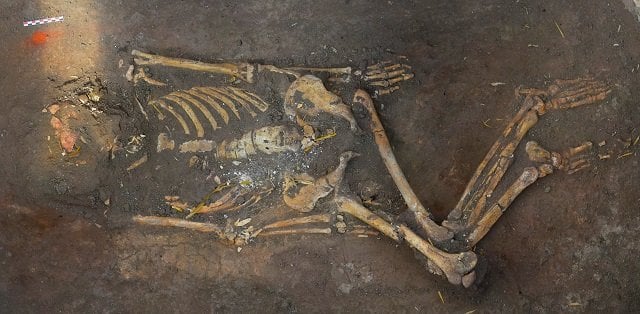 ヴァルナ州ヴェトリーノ近郊の考古学的発掘中に、内側に貼り付けられた5,000年前の頭蓋骨が発見された
