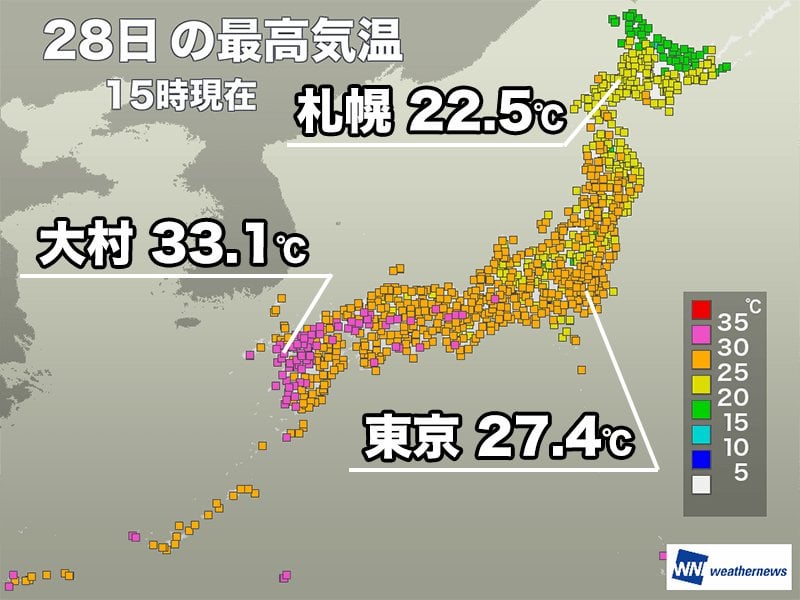 九州、四国で真夏日の所が多い 関東や東海も少し蒸し暑いくらいに