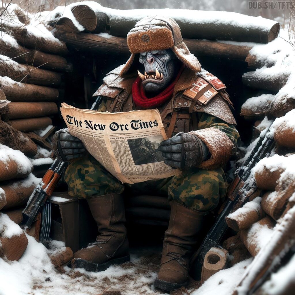 雪に覆われた塹壕の中でニューオークタイムズを読んでいるロシア兵オーク