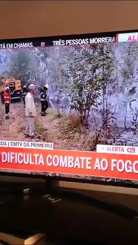 消防士が消火活動をしている間、男性がタバコの吸い殻を茂みに投げ込む、超現実的