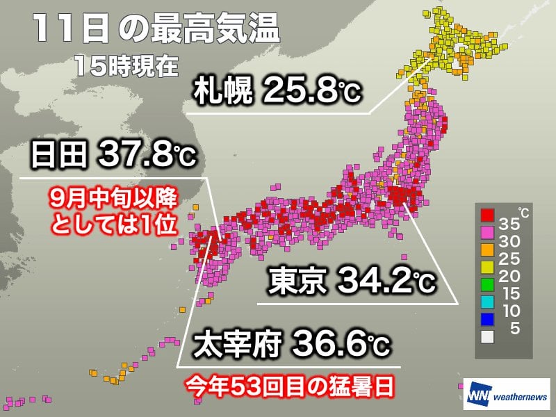 9月中旬も真夏のような暑さ 15日ぶりに100地点以上で猛暑日に