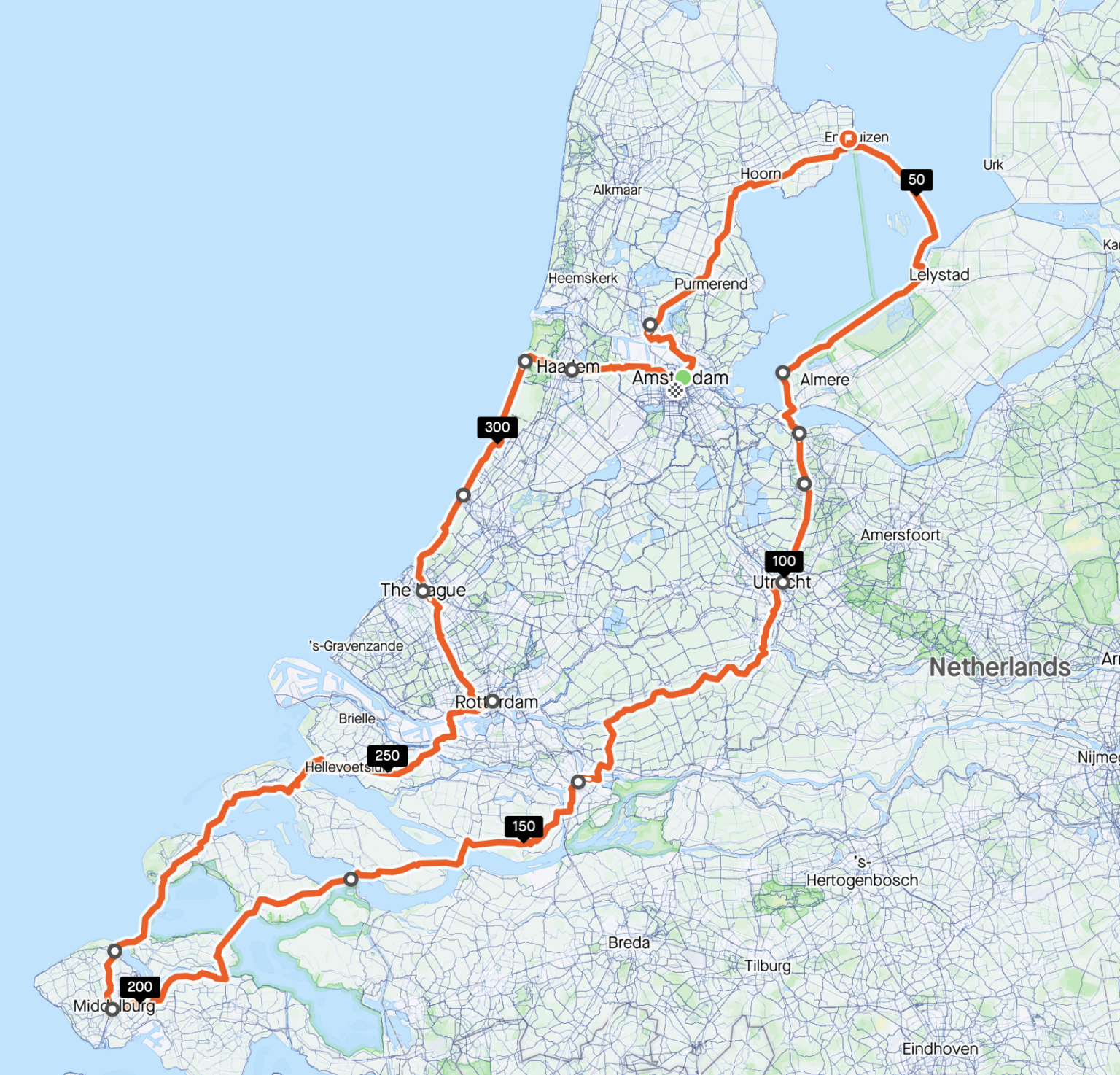 オランダで 11 日間の自転車旅行を計画していますが、このルートについてフィードバックをいただけますか? ラーンスタッドやフレヴォラントの大都市を訪れながら、ゼーラント州と海岸をもっと見て回りたいと思っています。何か変更すべき点や注意すべき点はありますか?