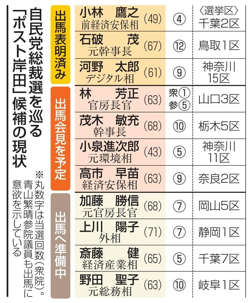 自民党総裁選、過去最多の争いへ 7人以上、鍵握る地方票