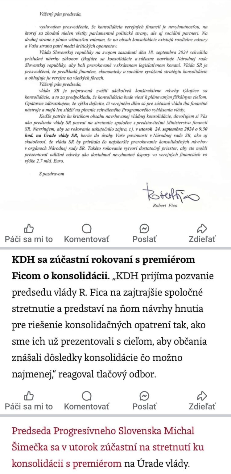 Robert Fico は PS、SaS、KDH の当事者を会議に招待 - KDH と PS は統合交渉に参加するが、SaS は拒否