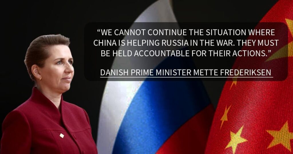 デンマークのメッテ・フレデリクセン首相は、対ウクライナ戦争でロシアを支援している中国を厳しく批判し、中国政府が国際制裁に違反していると非難した。 「中国がロシアの戦争を支援している状況を続けることはできない。彼らは自らの行為に対して責任を負わなければならない。」