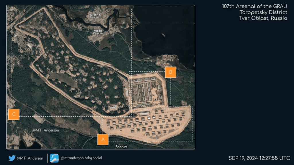 「2024年9月19日12:27 UTCのGRAU-Toropets 50cm画像の第107兵器廠のアップデート。拡大画像の長いスレッド。全体的に、エリアBとCはほぼ完全に破壊されています。エリアAでは多くの「強化された」バンカーが破壊されましたが、すべてが回復したわけではありません...」-MT_Anderson