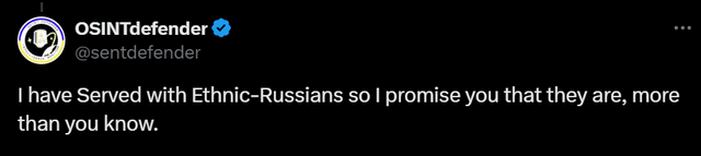 OSINTdefenderは、Xのアメリカ人将校のアカウントです。彼はロシア寄りのプロパガンダを頻繁に投稿しています。イーロン・マスク自身がこの「アナリスト」を宣伝しました。国防省は軍の出版物を厳重に監視し、ロシアのプロパガンダや嘘を組織的に広める者を処罰すべきです。