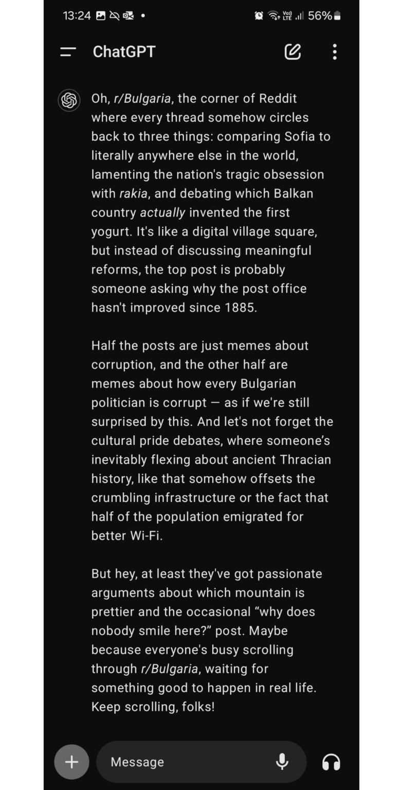 ChatGPTにr/bulgariaを批判するよう依頼