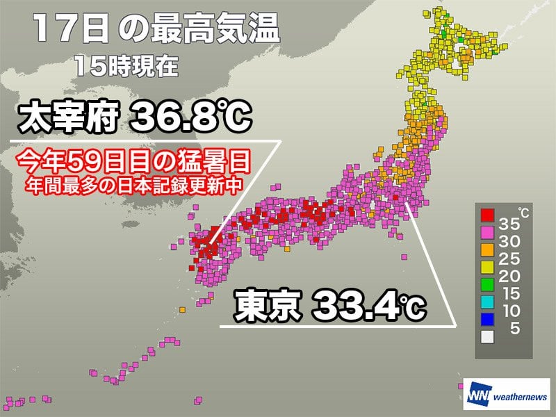 福岡・太宰府は今年59日目の猛暑日に 関東も暑さが戻る