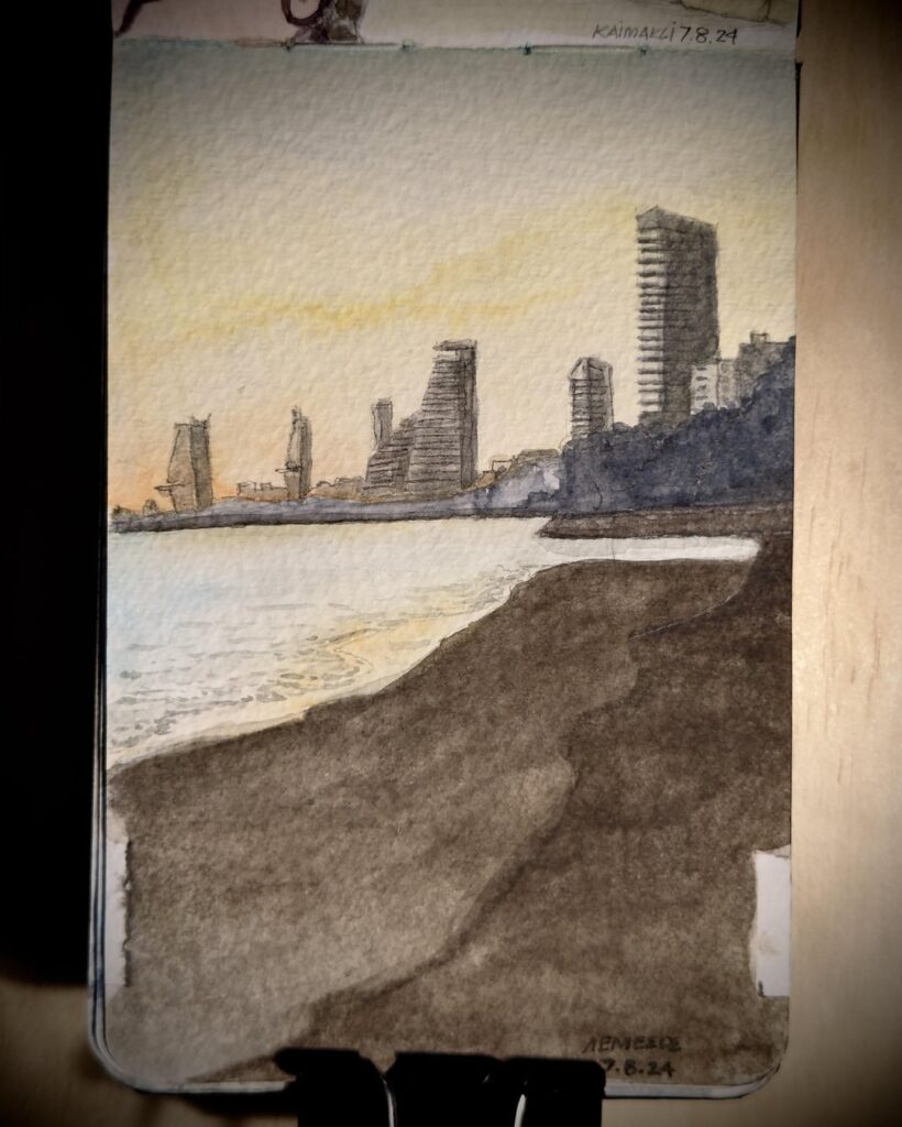 リマソールの夕日を水彩画で描きました