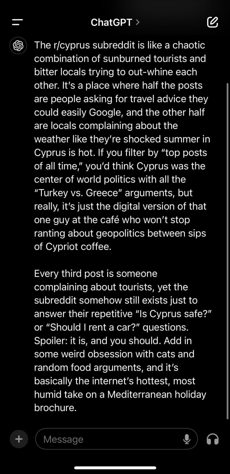 ChatGPT に r/cyprus サブレディットを批判するよう依頼しました!