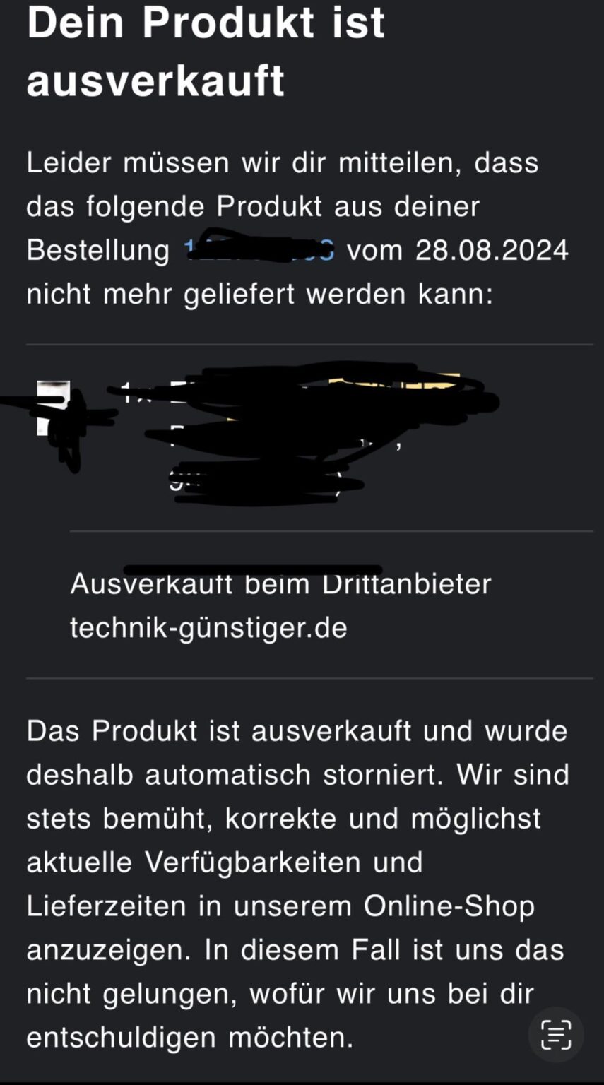 Galaxus により品切れと表示され注文がキャンセルされましたが、実際には在庫があります。