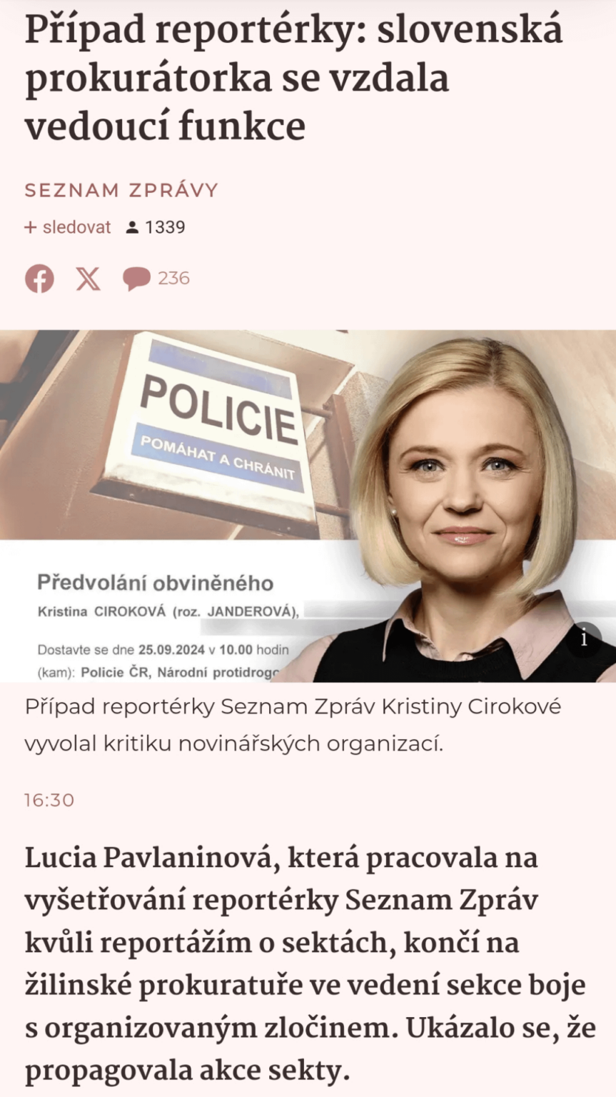 ということは、スロバキアの検察官（宗派のメンバー）は、「反カルト運動の宣伝」の罪でチェコの編集者を尋問するためにプラハに行くという大胆な行動をとったのだろうか？私たちの兄弟たちのこうした行き過ぎがBISによって適切に監視されることを願っています