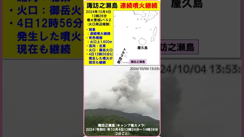 【『諏訪之瀬島（噴火警戒レベル２）で連続噴火継続　2024年10月4日12時56分に発生した噴火が現在も継続』　4日13時26分（15時00分に更新）　#shorts #噴火警戒レベル2 #諏訪之瀬島