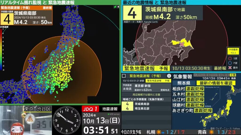 【地震】茨城県南部　震度３　M4.3（2024/10/13 3:50ごろ　切り抜きアーカイブ）