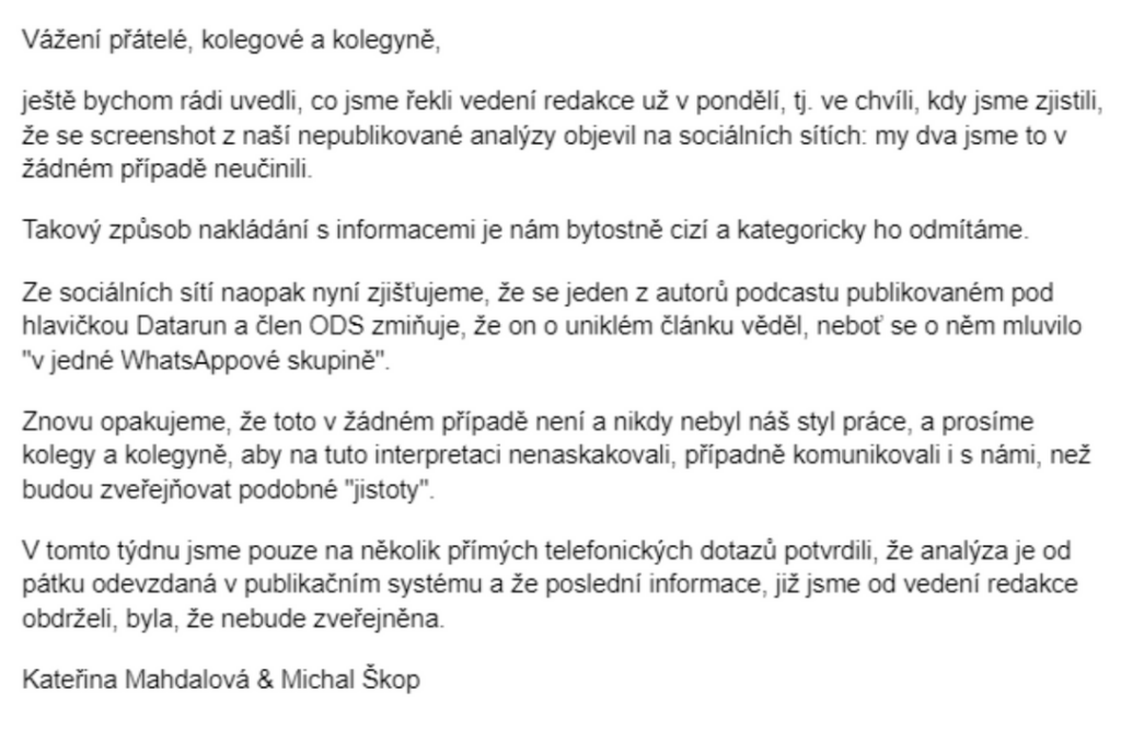 Seznam Zprávách に関するデータ記事の漏洩には ODS に関係のある誰かが関与している可能性があります